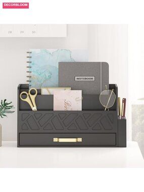 Bamboo Desk Mail Organizer with Drawer, Wall Mountable, Magnetic Pen Holder